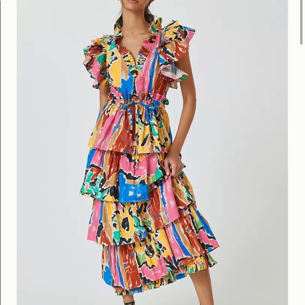 LOVE THE LABEL sz S Anthropologie Gorgeous 100% cotton tiered ruffled midi dress